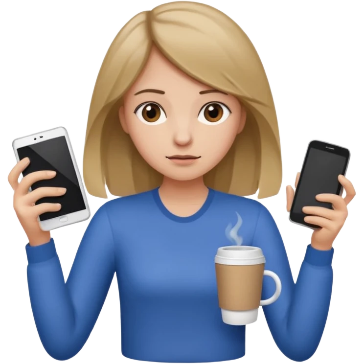 Девушка с темно русыми волосами у которой шесть рук в руках кофе ноутбук телефон папки тетради она очень уставшая  emoji