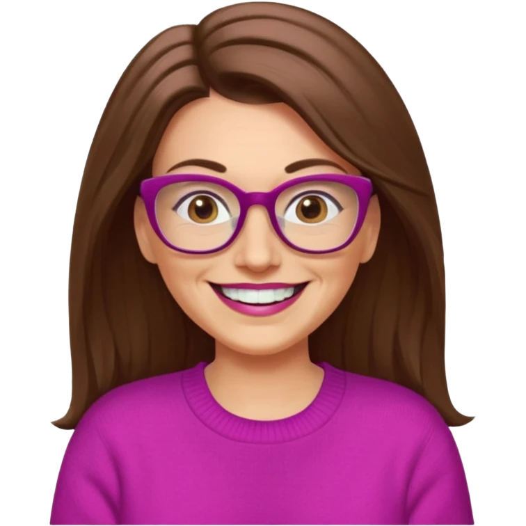 50 yr Caucasian woman, long brown hair parted on side, brown eyes, glasses, big smile, white teeth, fuscia sweater emoji