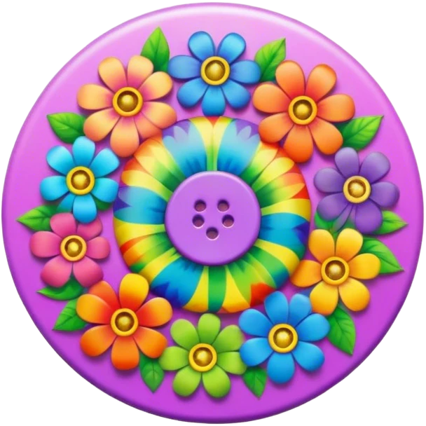 A round psychedelic colored button with rainbow colored hippie style flowers around the edges emoji