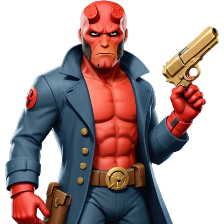 cinematic realistic superhero Hellboy by Mike Mignola jumps with a bronze pistol emoji