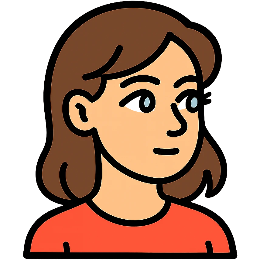 An icon-style emoji of a brunette girl with medium, slightly wavy hair, normal skin tone, a button nose, beautiful blue eyes with eyelashes, looking to the side. emoji