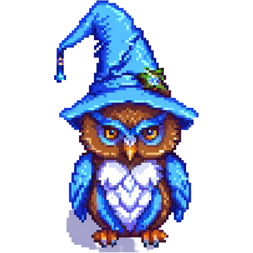 pixel art owl with a blue wizard hat emoji
