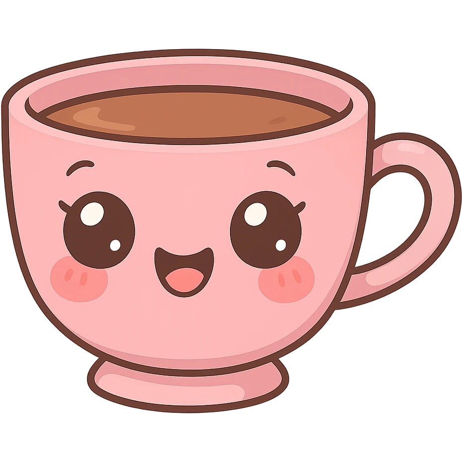 a cute pink teacup, original design, big eyes, blushing cheeks, joyful emoji