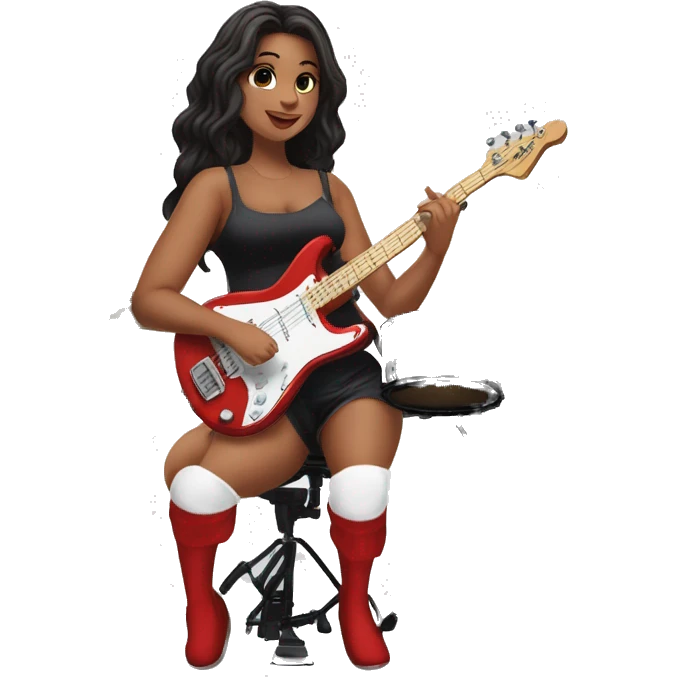 alistic full body caucasian curvy beauty short black skirt front view knickers long white socks sitting playing red drumkit emoji
