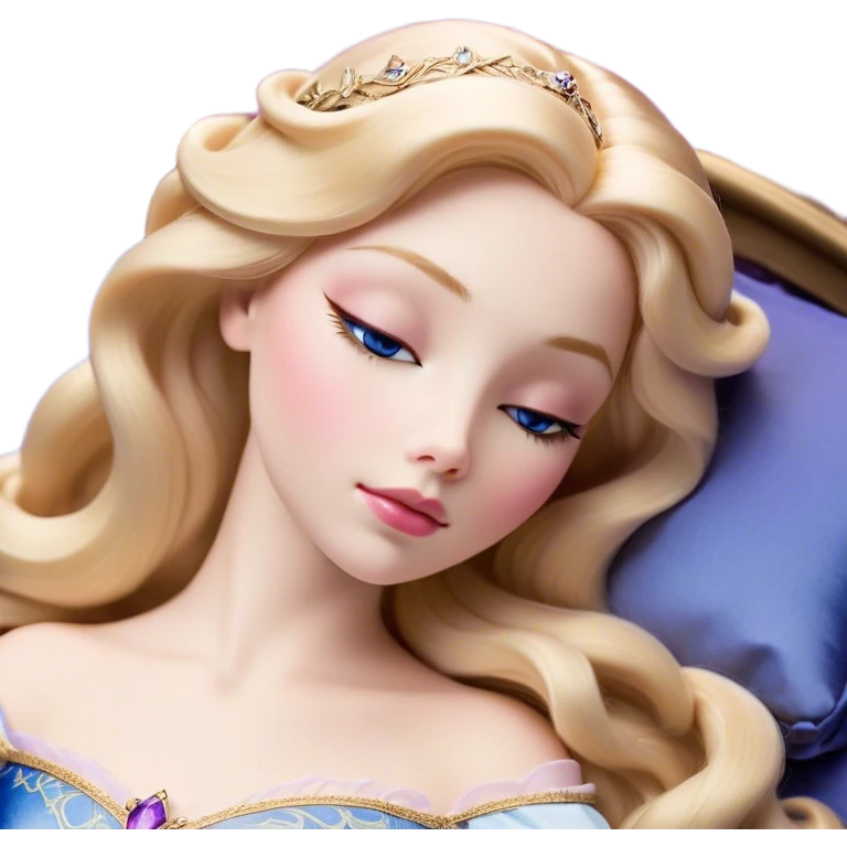 Cinematic Realistic Sleeping Beauty (Aurora) Portrait, with porcelain-like skin featuring a natural rosy flush, illuminated by soft lighting that highlights the gentle contours of her face. Her golden blonde hair flows in soft, detailed waves with subtle highlights that shimmer in the light. Her deep violet-blue eyes radiate warmth and innocence, framed by arched brows and long lashes. Her serene expression exudes quiet elegance. She is dressed in her classic pink gown, the fabric rich in texture with delicate folds that catch the light. A golden crown rests atop her head, gleaming with royal refinement. The portrait captures a soft, glowing aura, blending realism with an ethereal sense of beauty and timeless enchantment. emoji