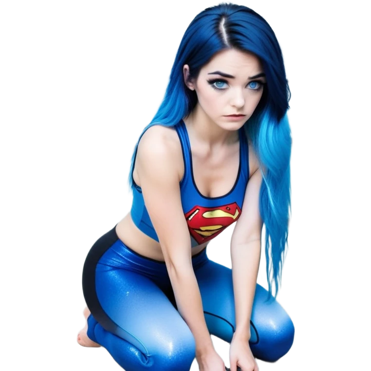Disapponted-big tears-head back texting on phone-very very large upper body-sexy face-bending forward at waist-very long very straight dark blue to light blue ombre hair-and-blue eyes-thick black eyeliner-long eyelashes-iridescent blue lowcut tanktop with black leggings with glitter superman logo emoji