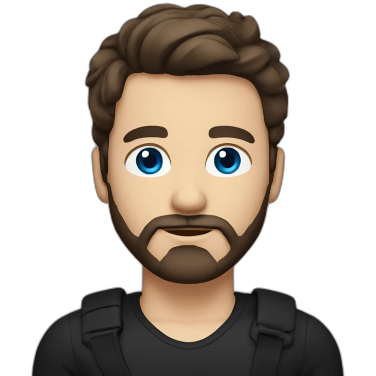 White man with a slight sun kissed tan, blue eyes and dark brown hair. He has a beard and mustache trimmed. Wears black clothing and wears his hair styled sideways backwards. emoji