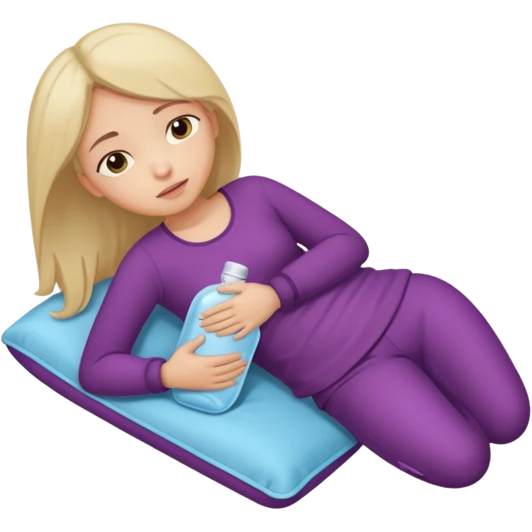 A girl, lying on her side suffering from menstrual cramps, has a hot water bottle on her stomach. emoji