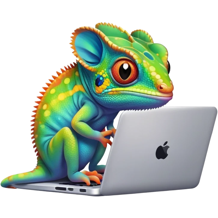 cute chameleon sitting on laptop, adorable face, bright colors, high quality, app logo emoji