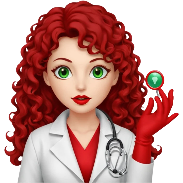 Lilith symbol sexy evil woman. She has green eyes.  had brown long curly hair.  evil surgeon kills with scalpel wears red sexy doctor coat with red mouth cover red gloves. Covers nose, neck  and mouth with red cloth emoji
