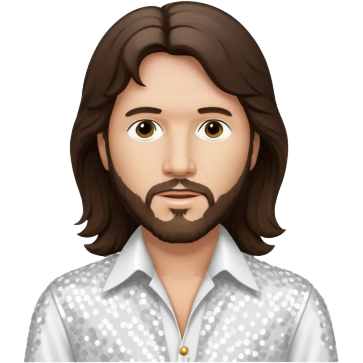 Barry Gibb from Bee Gees with long dark brown hair, white sequin outfit  emoji