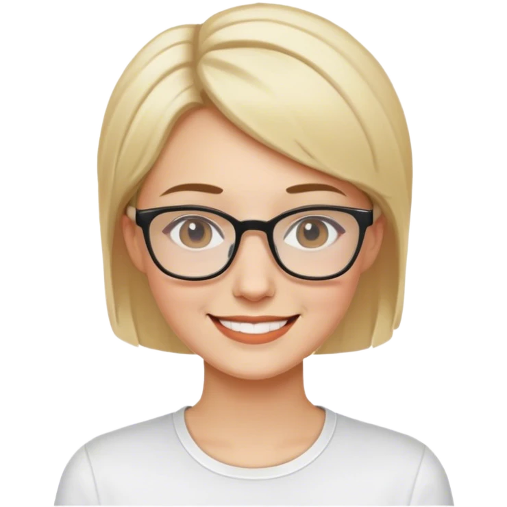 Mujer sonriendo con camisa blanca, color de cabello rubio, cabello corto, color de piel blanca, con gafas emoji