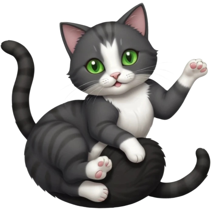 beautiful female solid dark grey cat with green eyes, white toes/paws and white patch on her chest playfully rolling upside down emoji