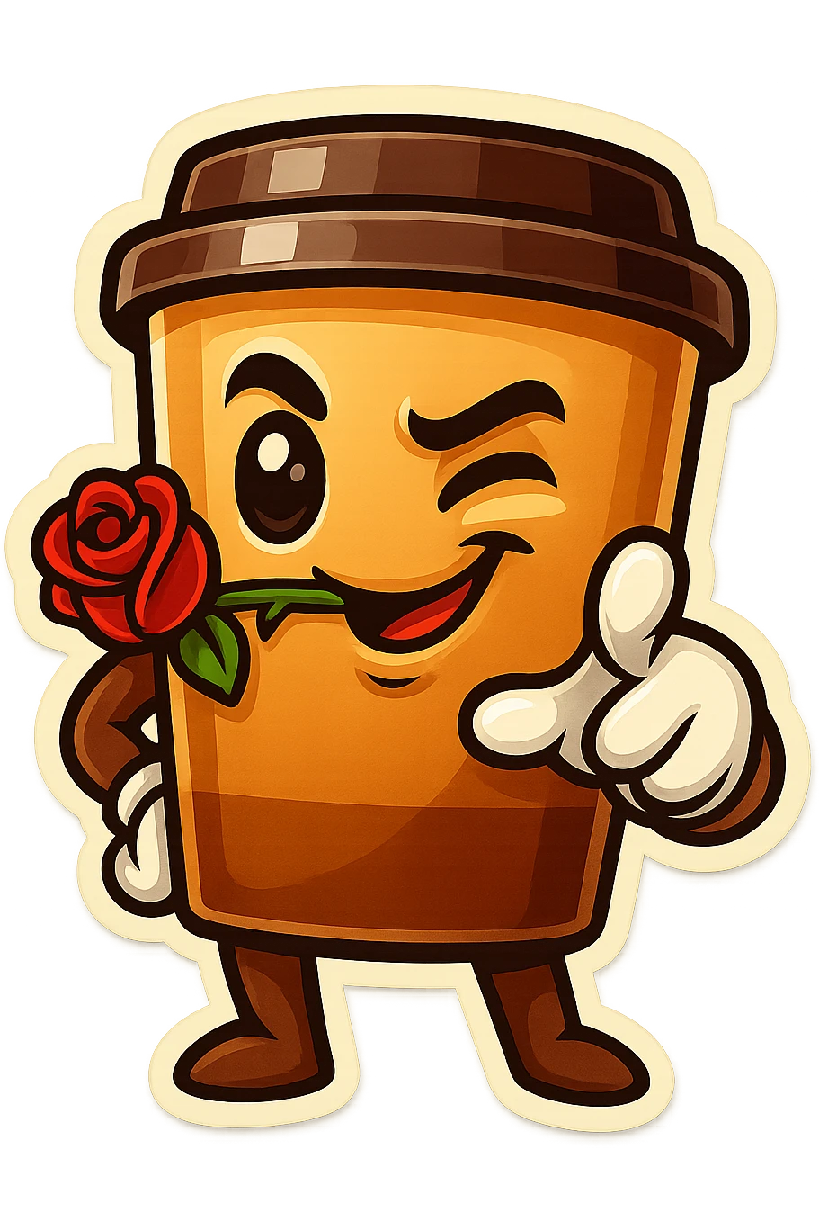 Tall coffee cup, rose in mouth, wiggle eyebrow, smirk, pointing at viewer emoji