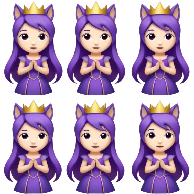 A collection of twelve chibi-style illustrations of a cute princess wearing a purple dress and crown with purple hair and purple wolf ears and purple wolf tail character. Each square shows the character doing different things against a white background And make a gap between each illusion emoji