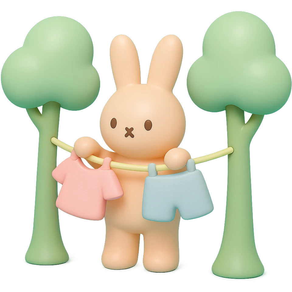 bunny hanging laundry between trees, calming domestic forest feel emoji