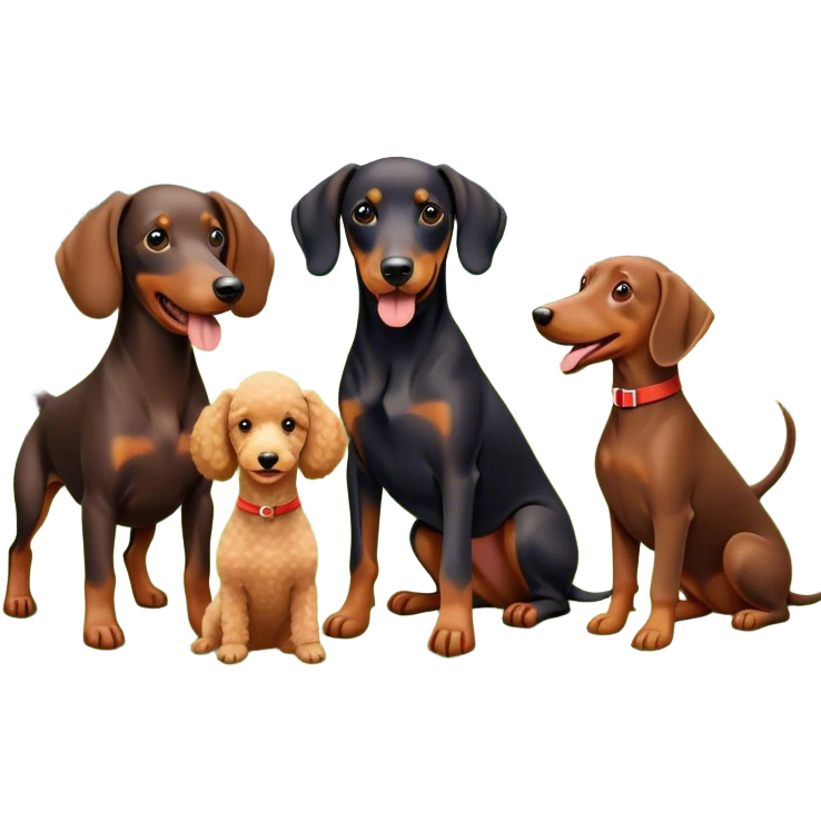 Collage of dogs breeds like Doberman, Poodle, Dachshund, in a park with trees and grass. A joyful, colorful scene with playful expressions. Transparent background. emoji