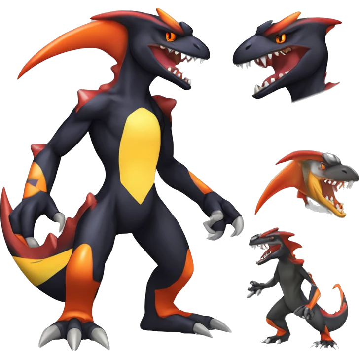 Black, Red, Orange, Yellow, White, Modern, Cool, Edgy, Badass Punk-style Garchomp-Charmeleon-Sergal Fakémon-Digimon with sharp edgy striking detailed stripe-markings,  full body emoji