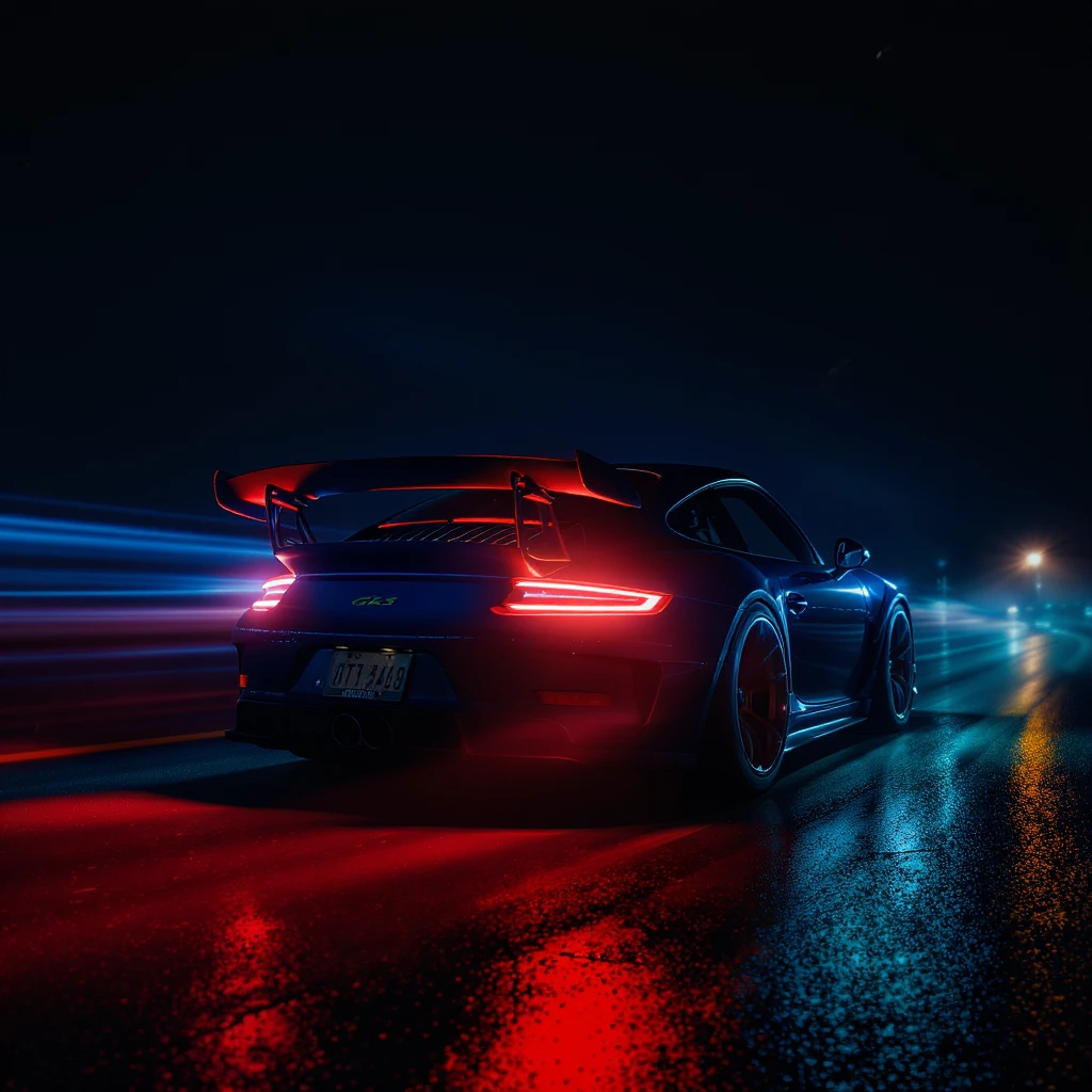Shot and Directed by Quentin Tarantino, Cinematic still of a porsche 911, gt3 rs, night photo, red lights and blue bright night  emoji