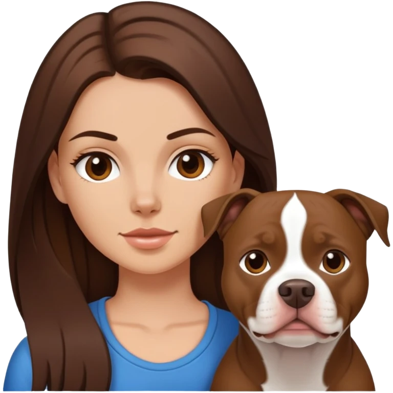 White girl with dark brown long hair with her pitbull dog emoji