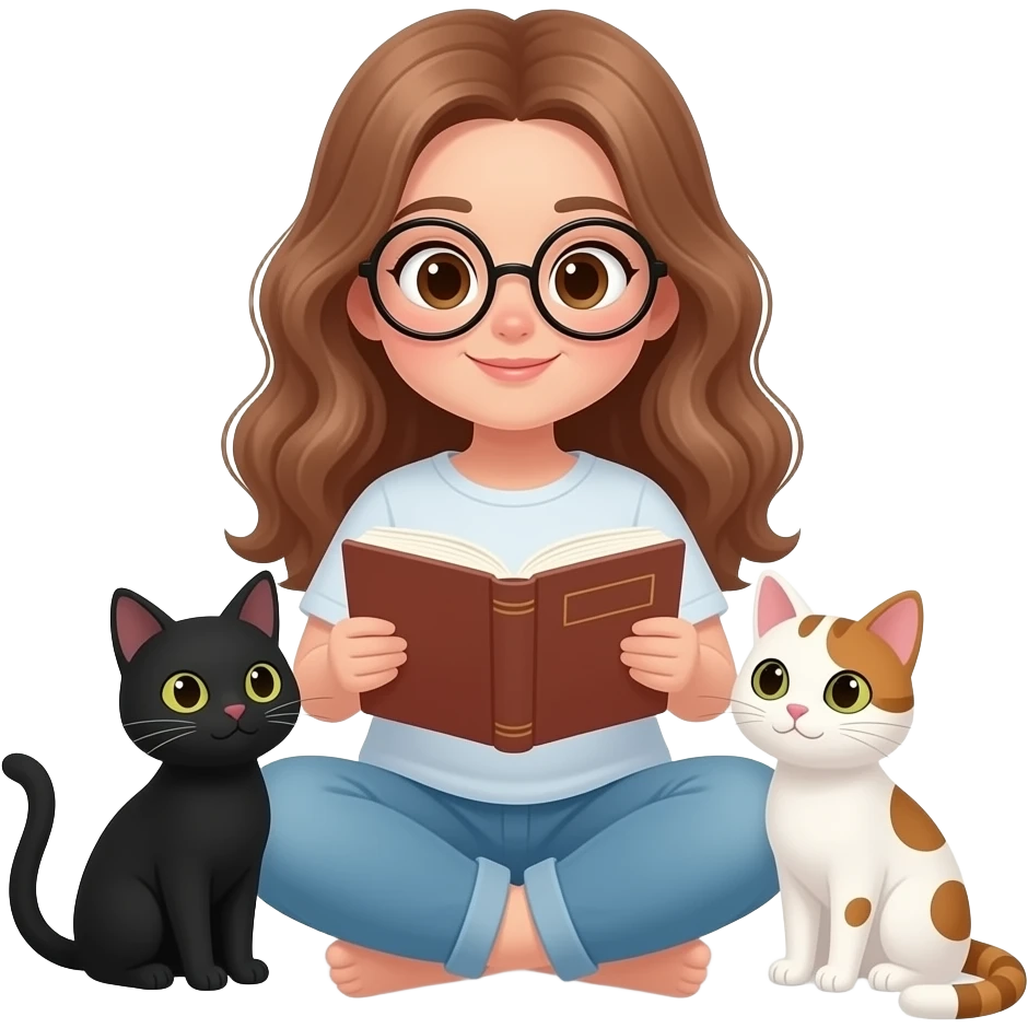 detailed emoji illustration of a curvy woman with long light brown wavy hair, light brown eyes and round glasses reading a book with two cats beside her (one black cat and one white cat with brown spots), cozy atmosphere, cute emoji style emoji