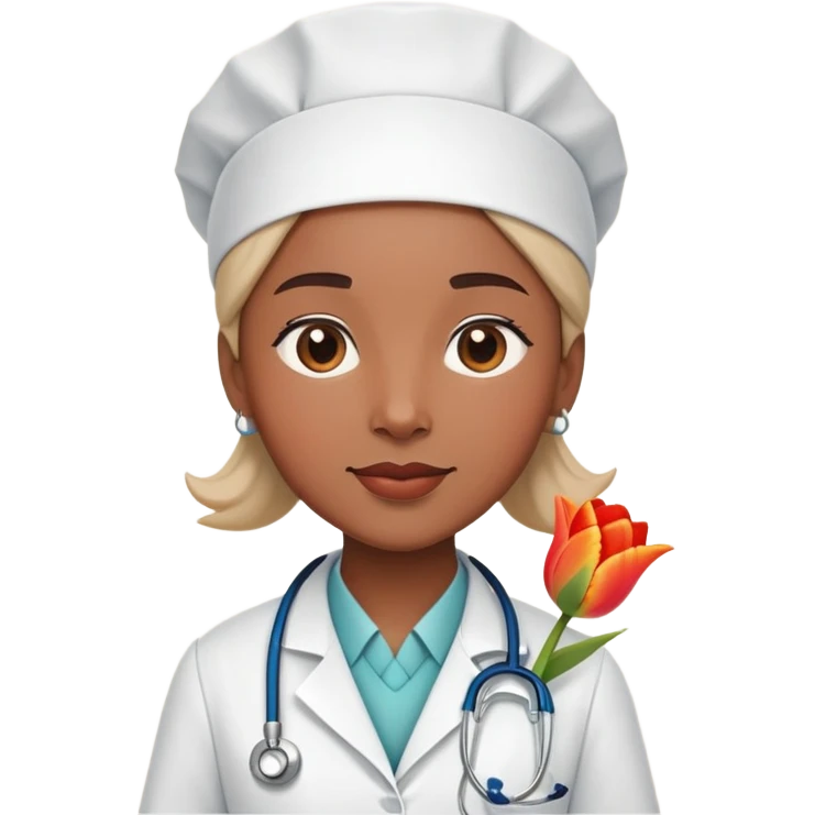 A educational consultant character that his face and body is beautiful and playful tulip and wears doctor's dress emoji