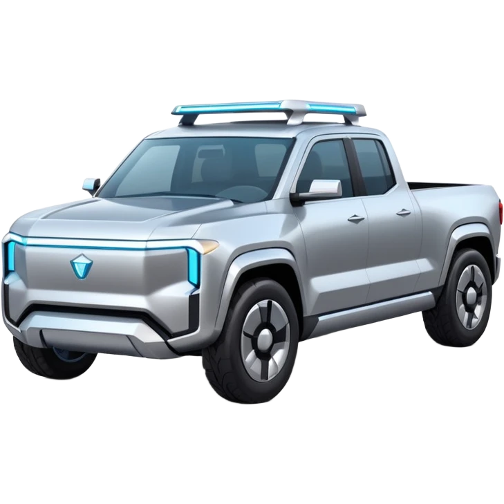 A futuristic electric pickup truck emoji, silver chrome body, angular cyber design, smooth metallic panels, subtle reflections, minimalistic proportions, iOS emoji style, centered composition, clean white background, soft lighting emoji