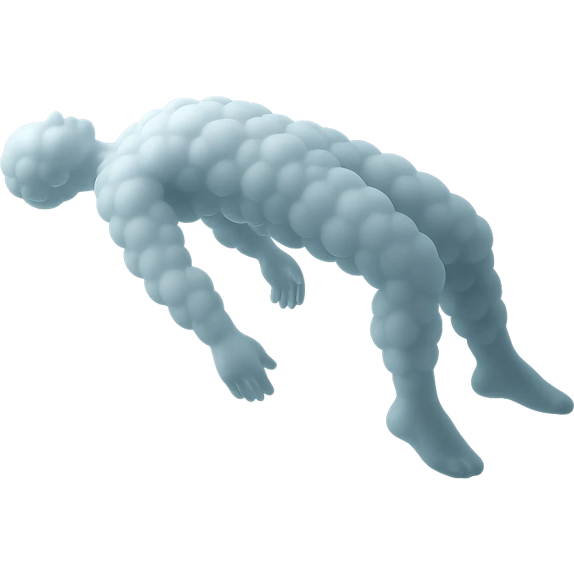 side view of unconscious person flying with torso upwards and legs and arms downwards, made of small very bright white fluffy convex clouds, matte glass style emoji