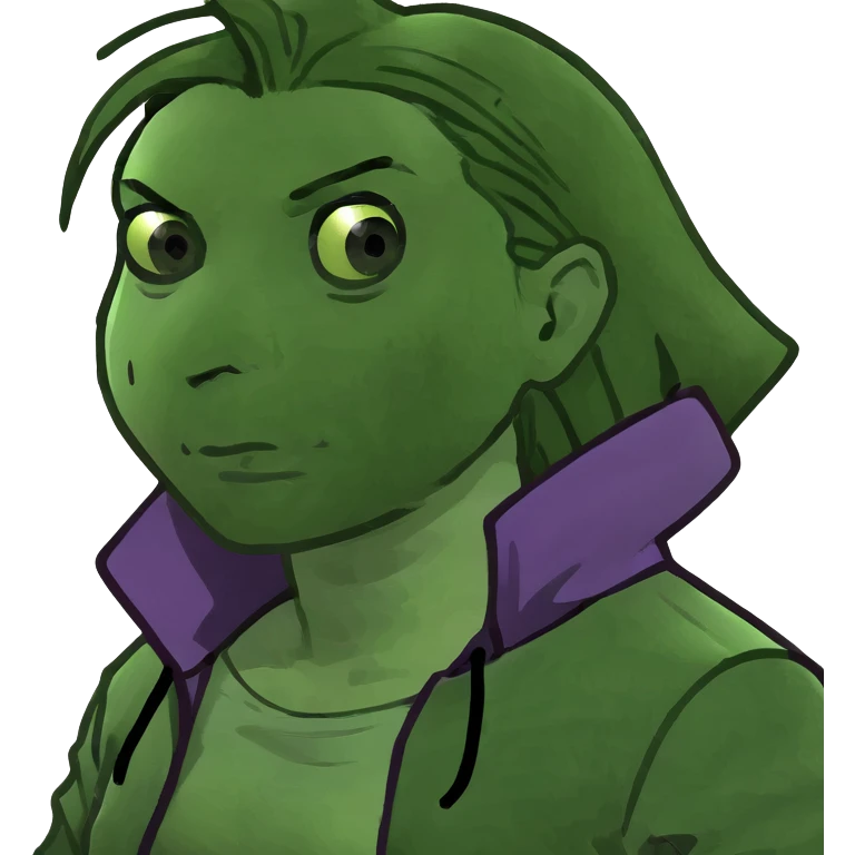 Man with stylish green jacket and purple hair, strong pose, bold expression, modern clothing style emoji
