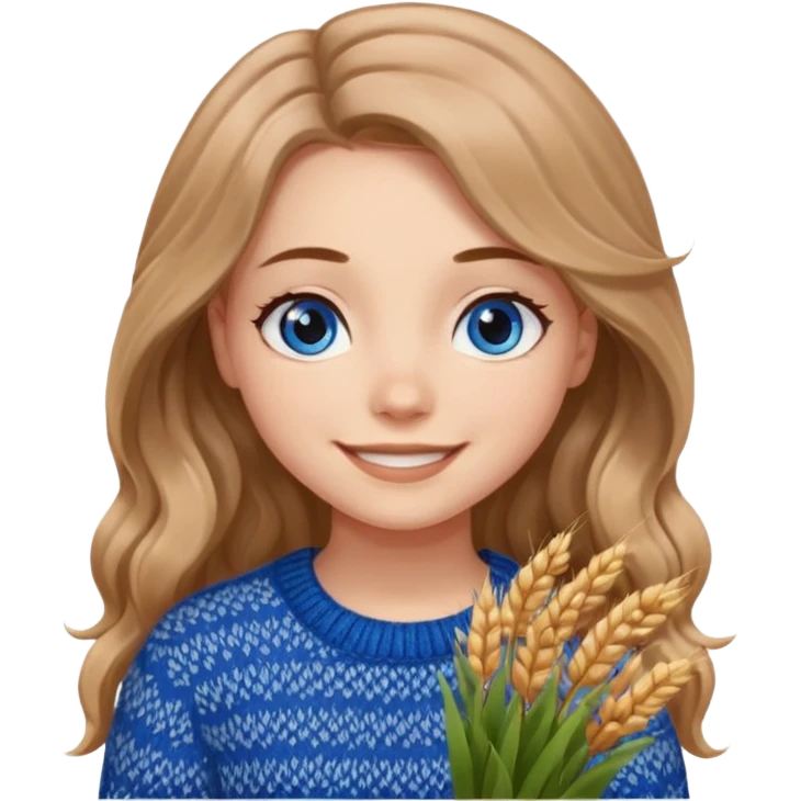 ЗГЕНЕРУЙ ДІВЧИНУ З СВІТЛИМ, ПШЕНИЧНИМ, ТРОХИ ХВИЛЯСТИМ ВОЛОССЯМ, ОДЯГНЕНУ У В'ЯЗАНИЙ ШОКОЛАДНИЙ СВЕТР. В НЕЇ ГОЛУБІ ОЧІ ТА ДОВГЕ ВОЛОССЯ, ВОНА УСМІХНЕНА emoji