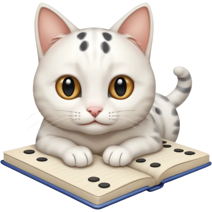  gatita blanca con manchas negras en los ojos feliz en viendo una libreta anillada  emoji