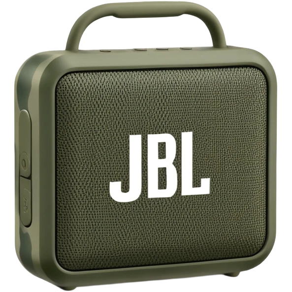 Minimalist JBL Go Clip 4 speaker with simple camouflage pattern, clean lines, iOS emoji style emoji