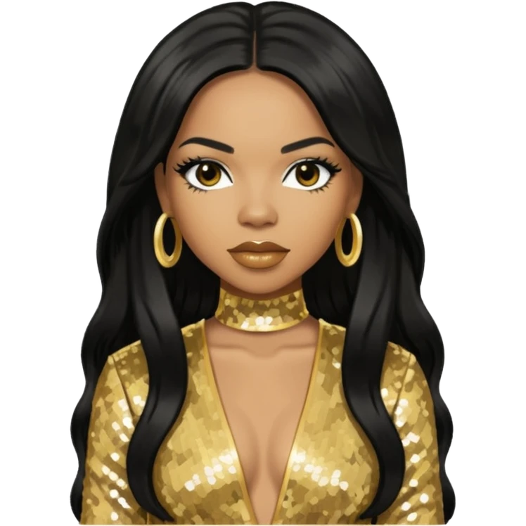 Tenitra Michelle Williams, R&B Singer from Destiny's Child with long black hair, gold sequin outfit, medium dark skin emoji