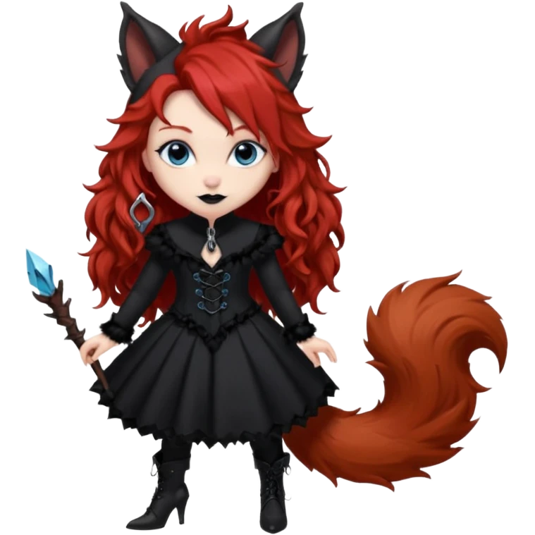  long curly red hair (darker), red pointed ears with black trim, black goth outfits, body and face human, blue eyes, more pointy chin, black lipstick, one big fluffy red squirrel tail with black tips, like the attached photo with more outfits and poses,  emoji