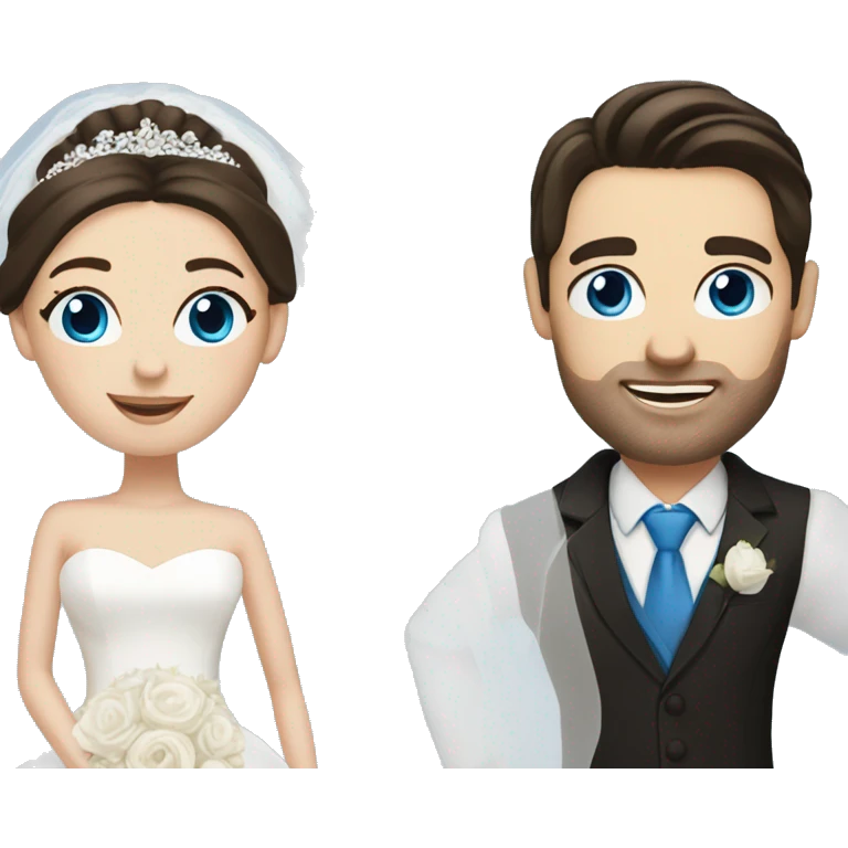 Bride with pale skin, dark brown hair & blue eyes standing with Groom with dark brown hair emoji