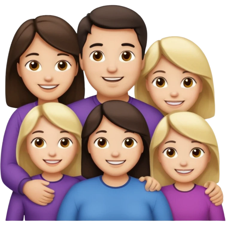 Familia de 4 personas sonriendo: Hombre gordito pelo oscuro, Mujer pelo cafe, hija 1 pelo mono e hija 2 pelo oscuro. emoji