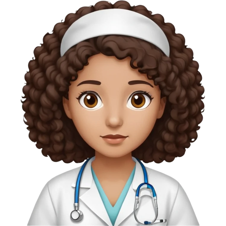 mulher com cabelo cacheado castanho escuro, pele marrom médio, olhos castanhos escuros, usando jaleco hospitalar, sem estetoscópio emoji