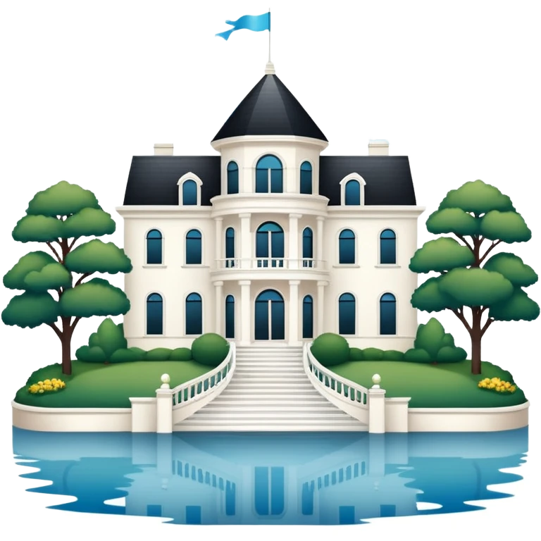 3 story white mansion with lake and port couchere emoji