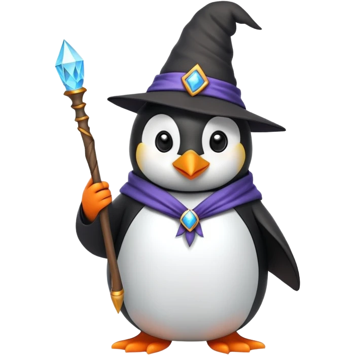 Penguin wearing a wizard hat and robe holding a magic wand emoji