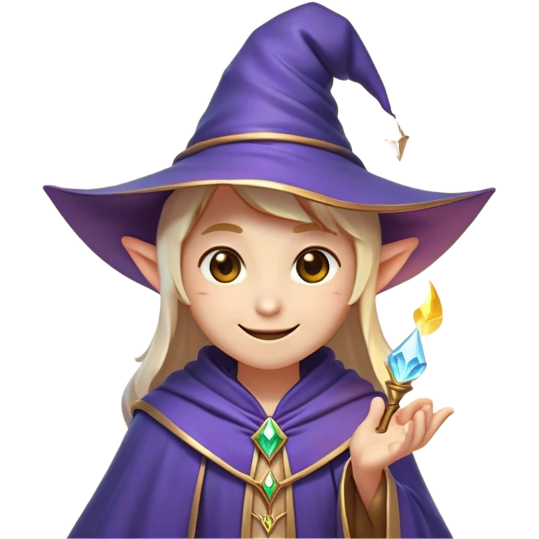 Clash of Clans aesthetic Playful Mage Portrait Emoji, Head tilted with a mischievous glimmer and subtle enchanting smile, featuring a compact, gracefully robed form with a pointed wizard hat and twinkling eyes in natural skin tone, Simplified yet irresistibly charming features, highly detailed, glowing with a warm, inviting magical glow, high shine, spirited and imaginative, stylized with a touch of whimsical sorcery, soft glowing outline, capturing the essence of a playful mage exuding friendly arcane wonder! emoji