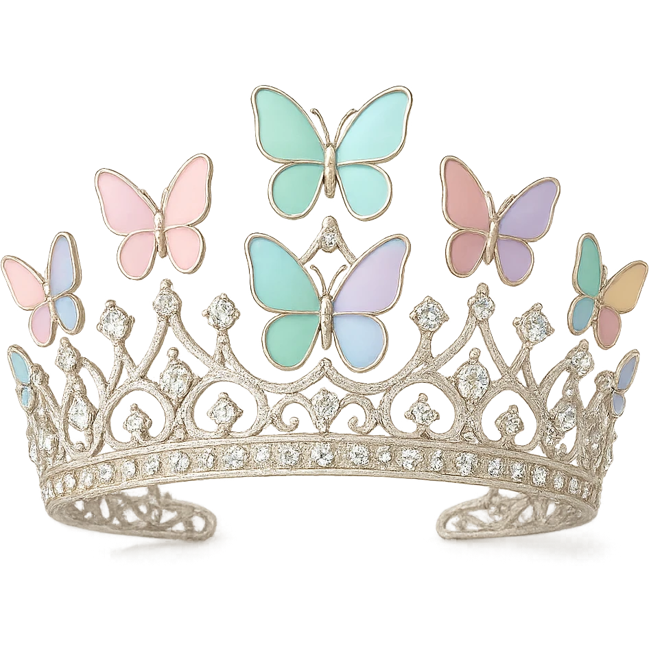 butterfly crown with a white base, butterflies in pastel enamel, sparkling gems, transparent background emoji