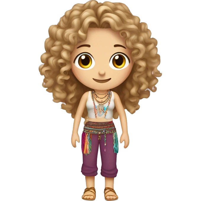 Caucasian hippie girl with curly dirty blonde hair, hazel eyes, baggy colorful pants and a tank top, lots of bohemian bracelets and jewelry emoji