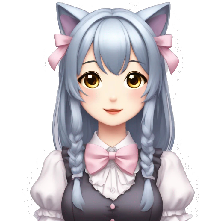Gorgeous anime style catgirl with blushing face with maid outfit bow tie idol model kawaiicore pearly petite simplistic aesthetic trending style emoji