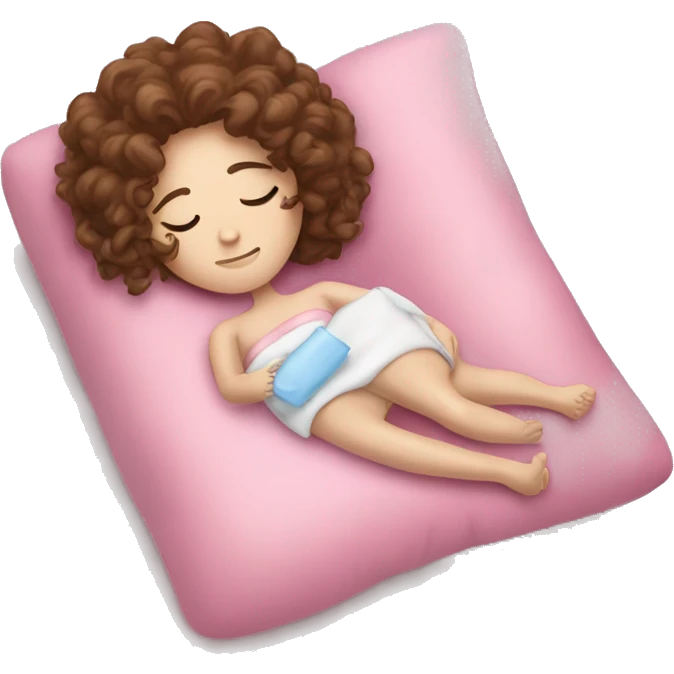 Sleepy girl laying on pink pillow with brown curly hair pale skin  holding and a ice pack emoji