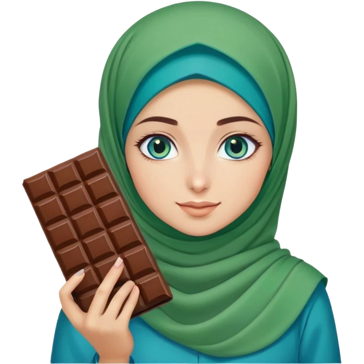 Turkish beautiful finish Konya girl blue eyes with green and blue hijab islamic dress and had on her hand Dubai chocolate  emoji