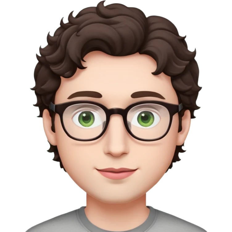 Young man with dark brown slightly wavy poofy hair (just a bit of curl, not too curly), green eyes wearing glasses, wide face with eyes set apart, bigger ears, very pale skin, slightly bigger nose, fuller darker pink lips with a smile, and very light stubble emoji