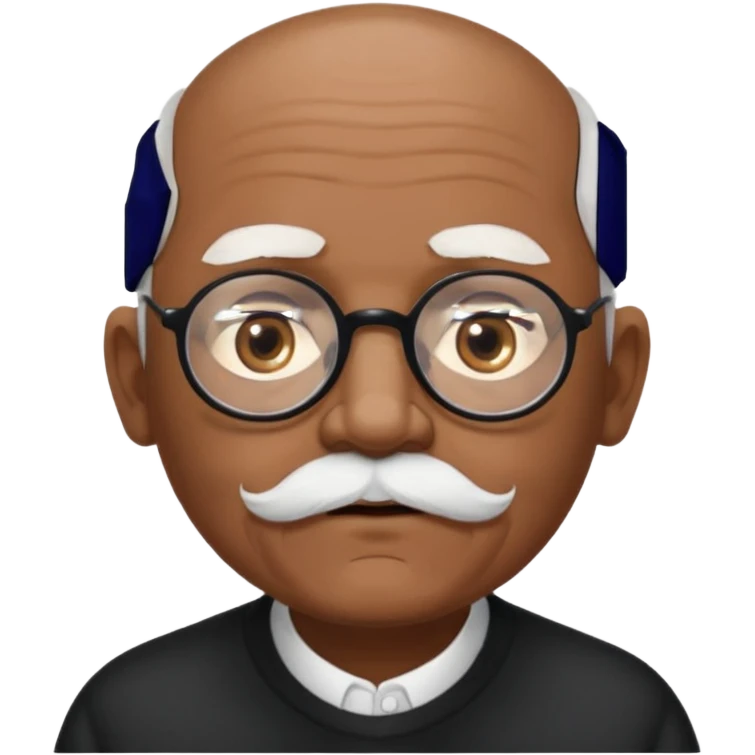 an elderly man with medium-dark skin tone, bald on top with short white hair at the sides, thick white eyebrows, large brown eyes, and wears black-framed glasses.
A small white beard sits above his mouth emoji