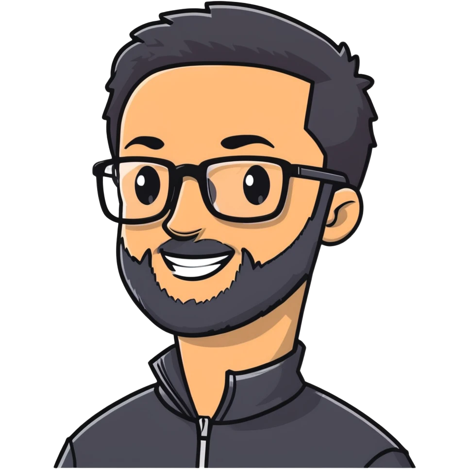 Light-skinned man with short black hair styled upwards, full short graying beard, smiling, wearing large black-framed glasses and a black long-sleeve sports shirt with zip at the neck emoji