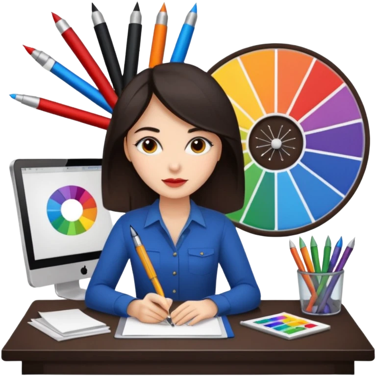 female dark hair graphic designer , color wheel, pens, papers , desktop emoji
