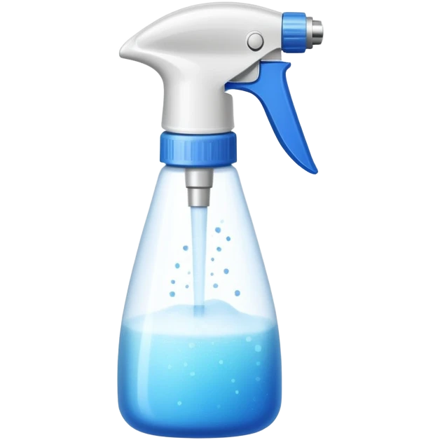 An emoji of a spray bottle actively spraying mist. A fine mist of tiny particles is visible in the air as the nozzle releases the spray. Can resemble a perfume, cologne, or cleaning product. Transparent bottle with a trigger or press nozzle, slightly tilted while spraying emoji